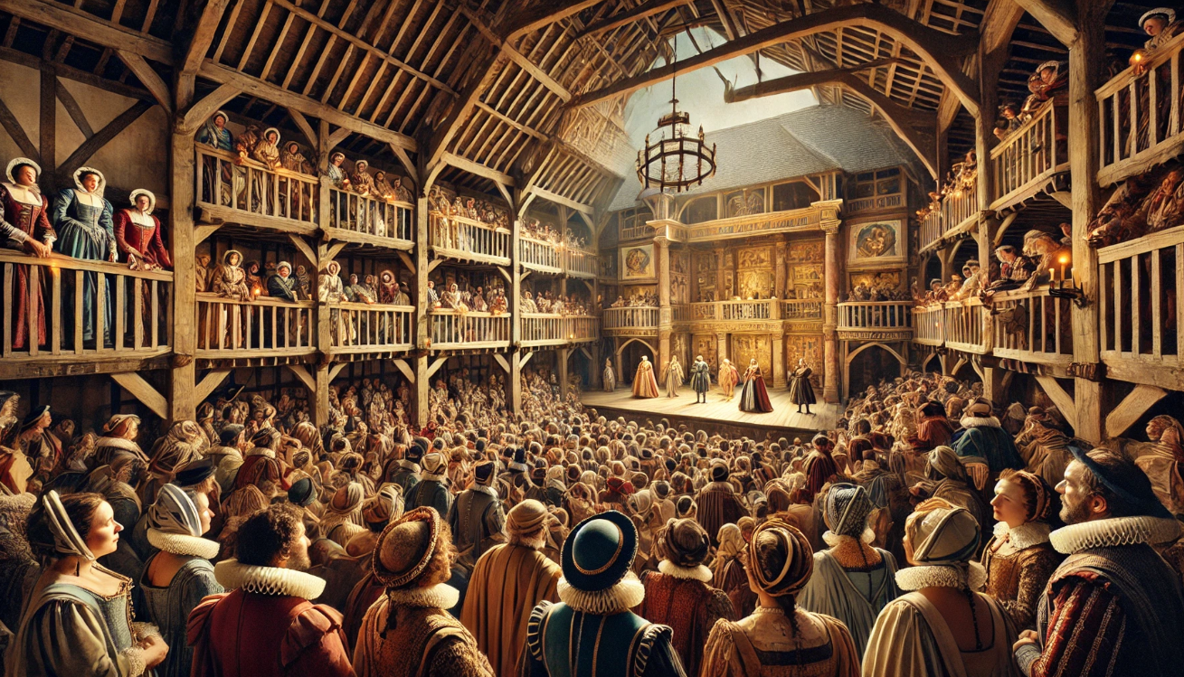 "Elizabethan theater performance crowd"