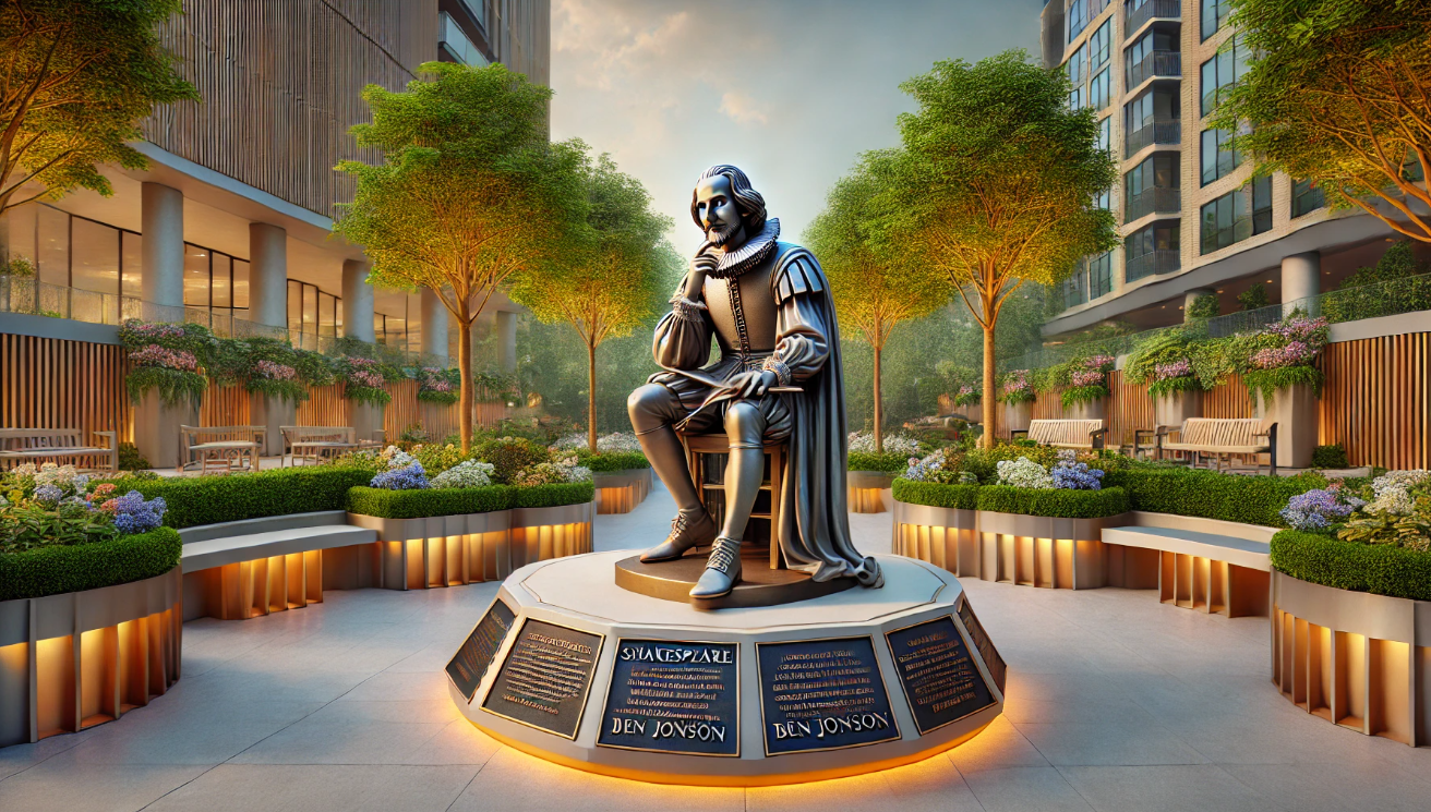 "Shakespeare statue in garden"