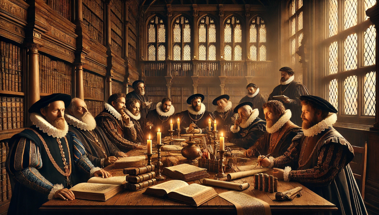 "Scholars in candlelit library"