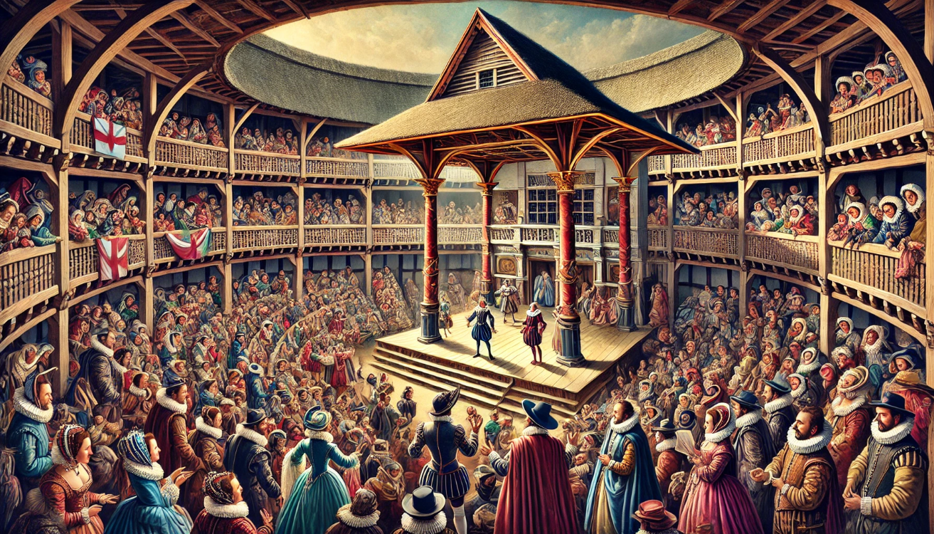 "Crowded Elizabethan theatre performance"