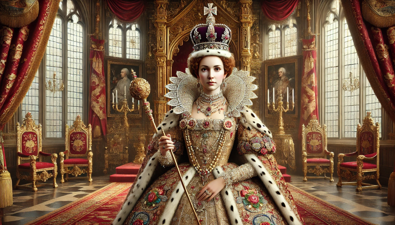 "Regal queen in throne room"
