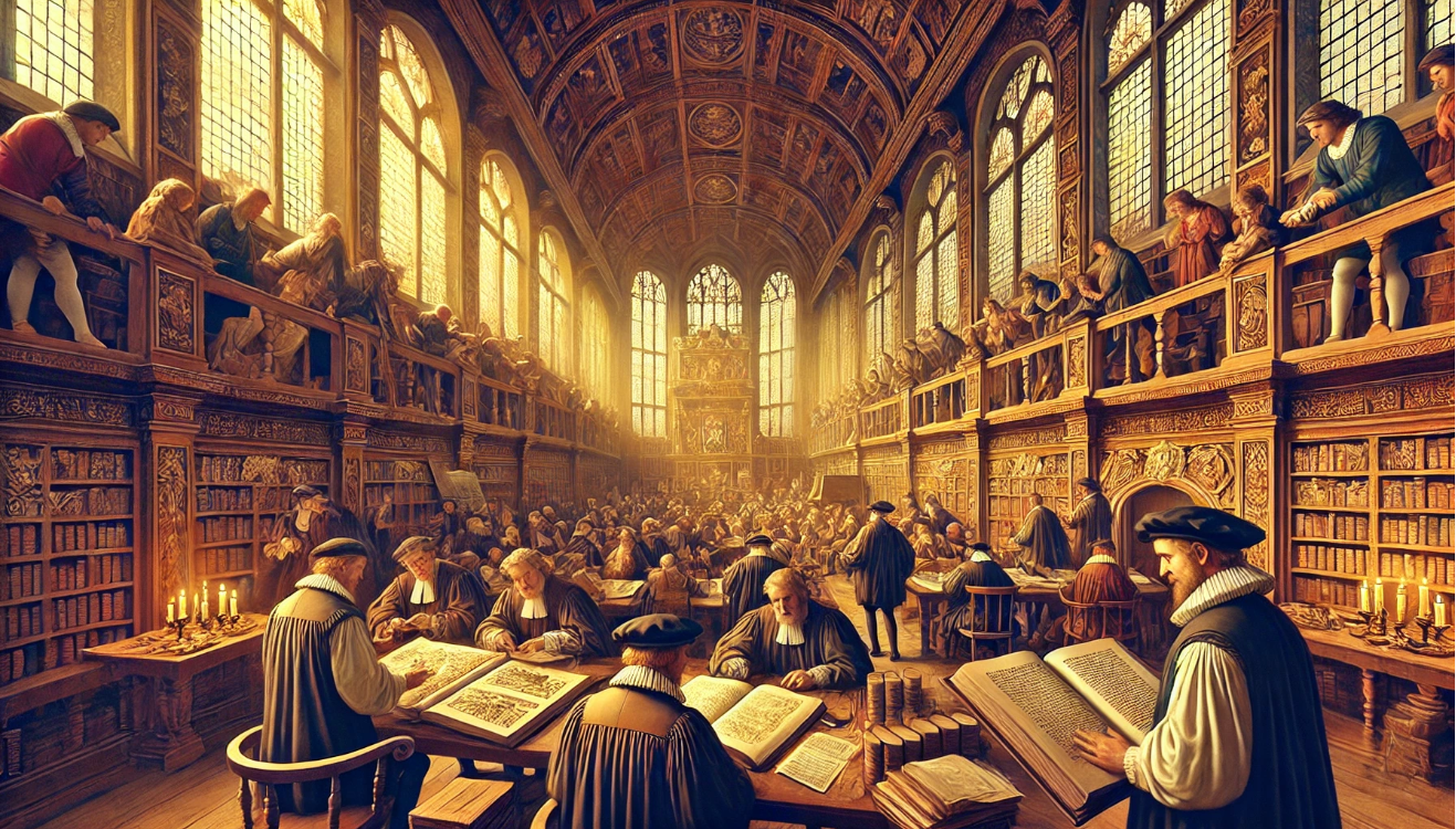 Grand historical library interior