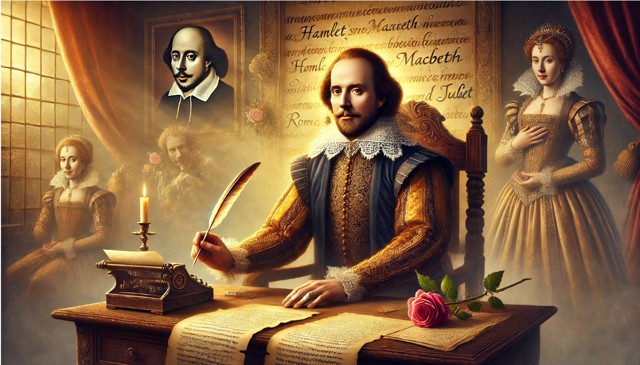 "Shakespeare writing with quill"