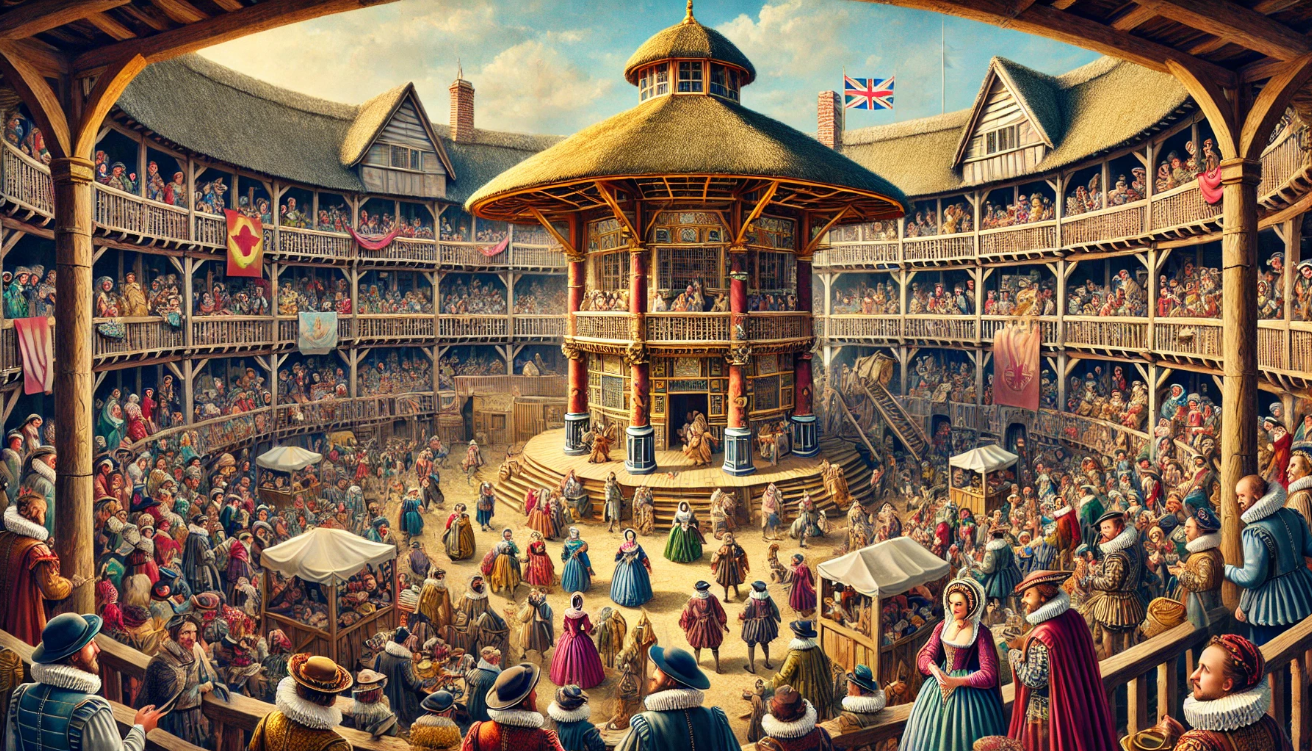 "Lively Globe Theatre scene"