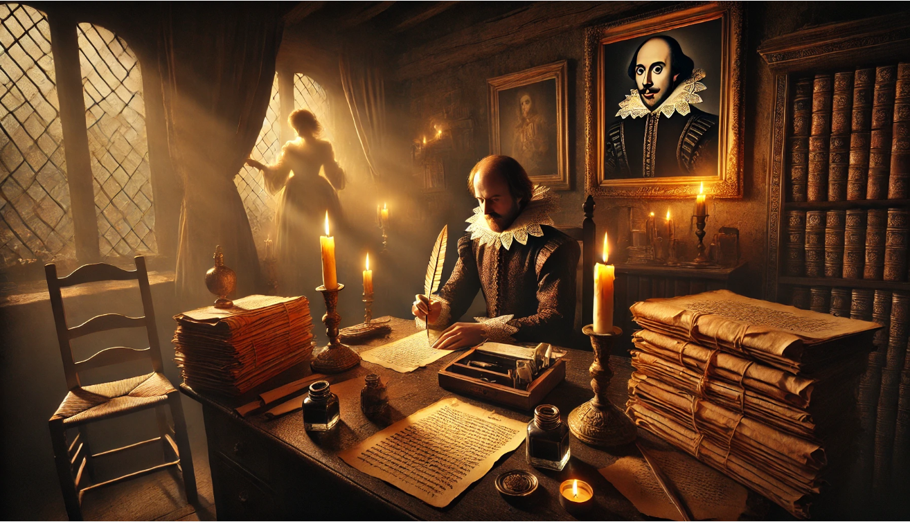 "Writer in candlelit study"