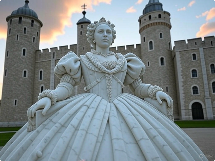 Queen statue before castle

