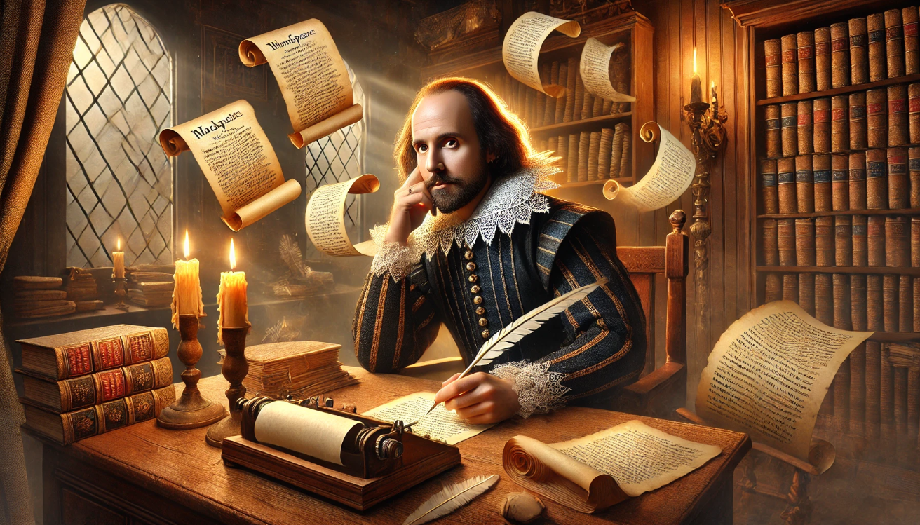 "Writer with floating scrolls"