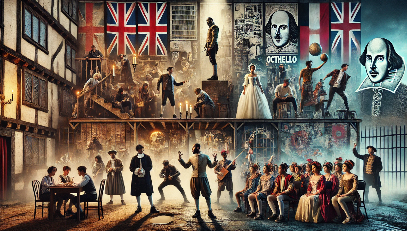 "Shakespearean scene with actors"
