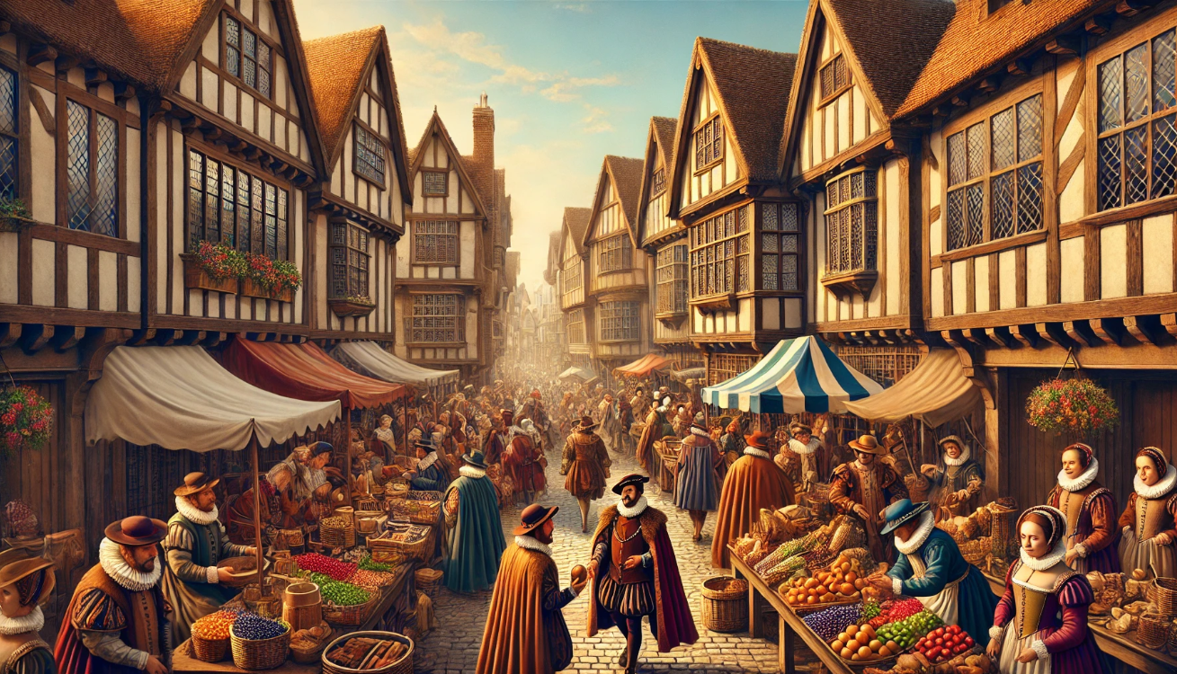 "Bustling Elizabethan market street"