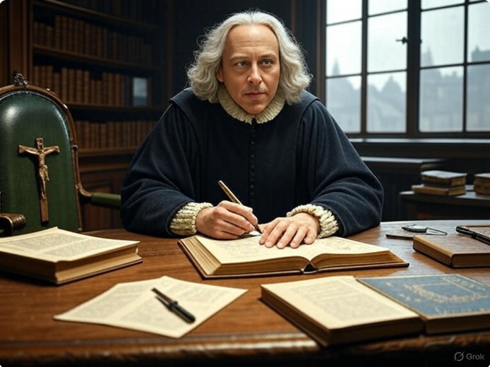Historian writing in library

