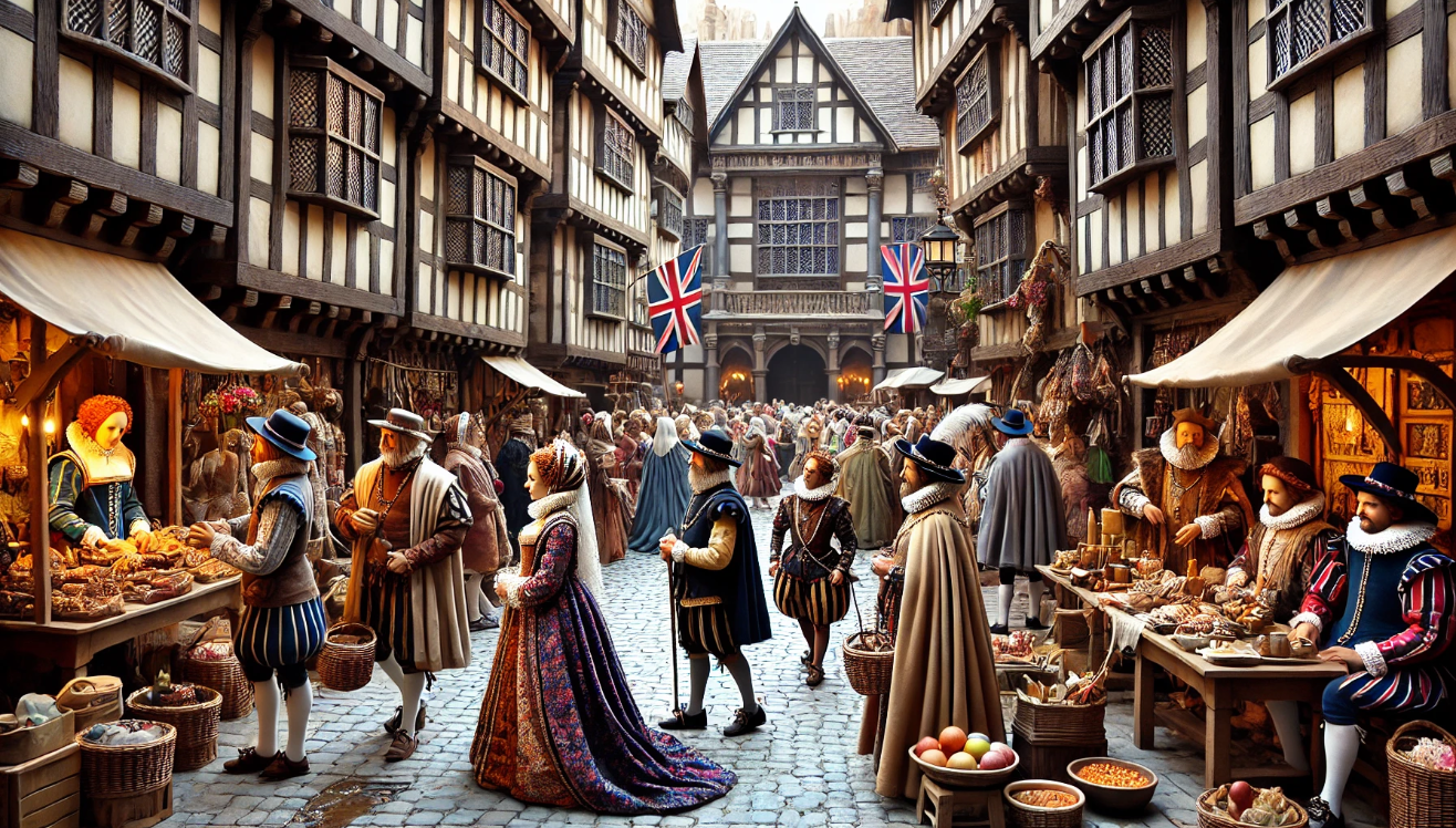 "Bustling Elizabethan street market"