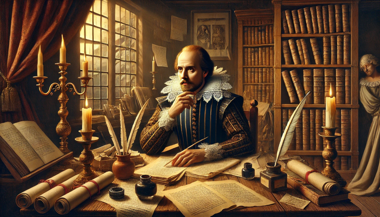"Scholar writing in library"