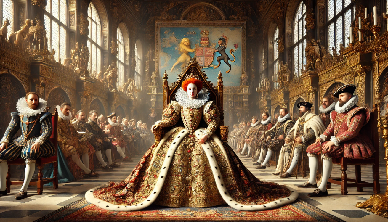 Regal queen with courtiers