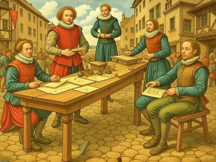 "Renaissance writers in street"