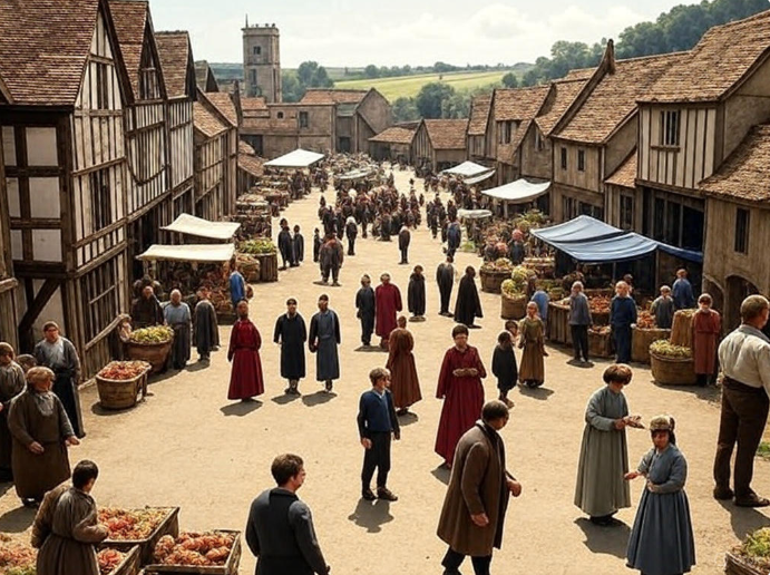 "Vibrant Elizabethan town market"
