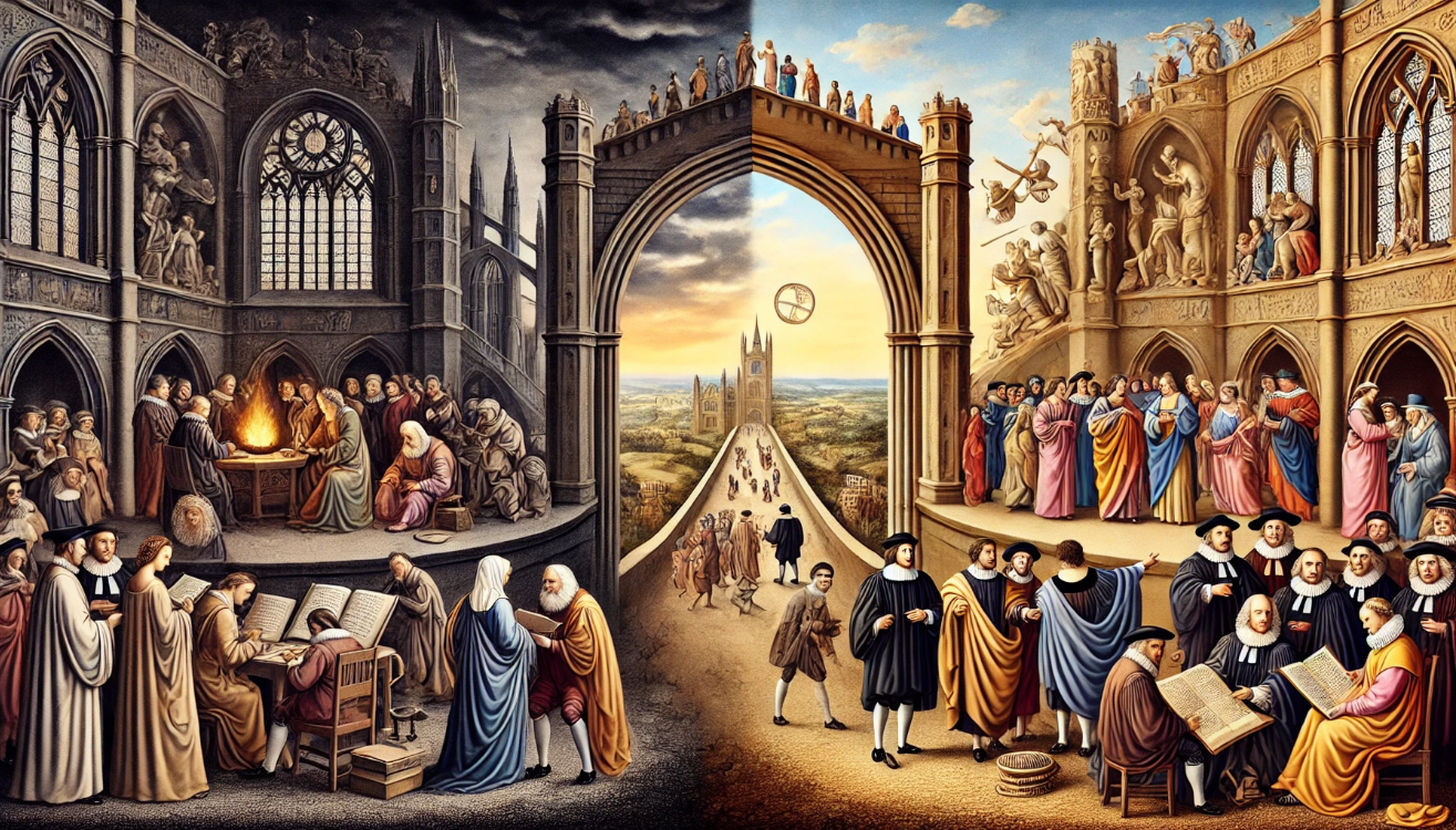 Gothic archway with scholars