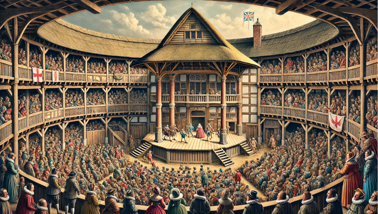 "Crowded Renaissance theater performance"