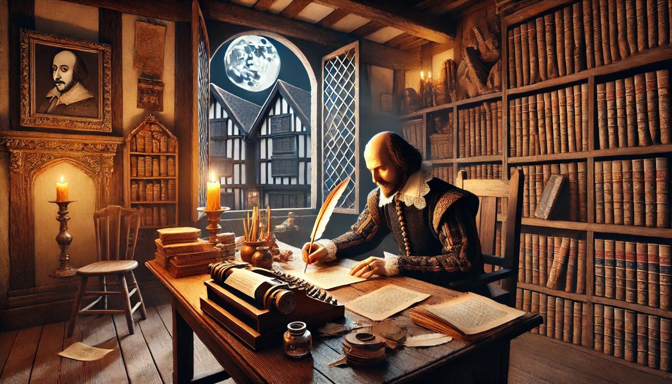 "Candlelit study with moon"