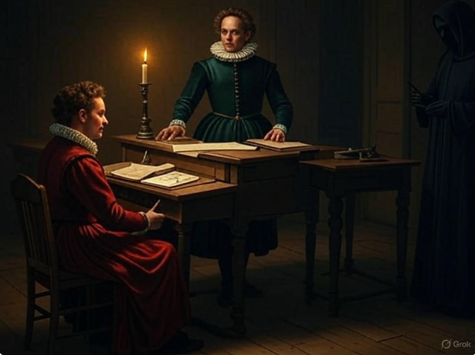"Candlelit meeting with papers"