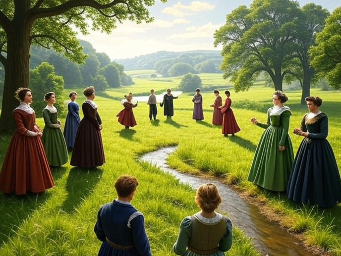 "Elizabethan gathering in meadow"