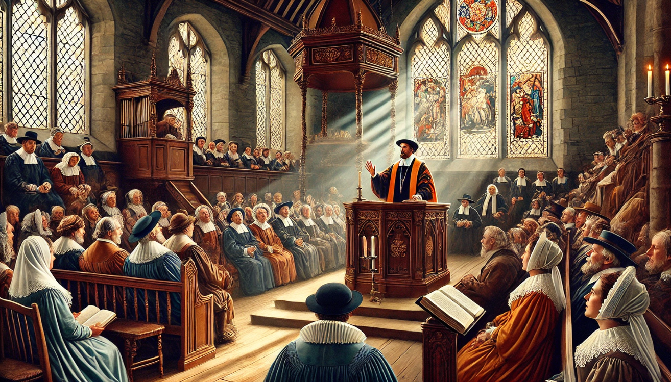 "Puritan preacher addressing congregation"