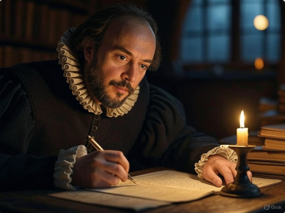 Scholar writing by candlelight