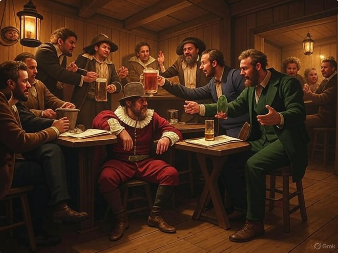 "Lively tavern debate scene"