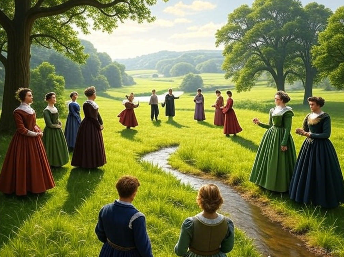"Renaissance people in meadow."


