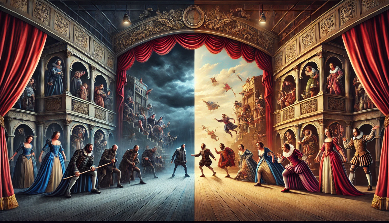 "Shakespearean stage drama contrast"