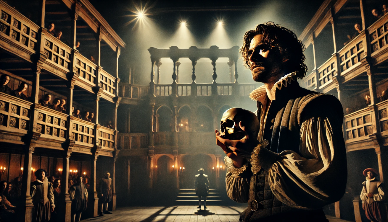 "Elizabethan stage actor performing"

