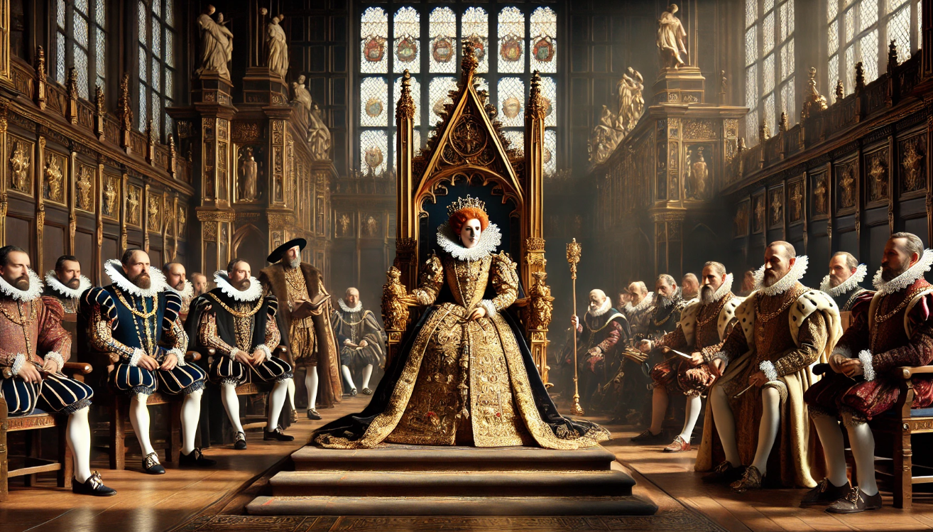 "Queen addressing noble court"