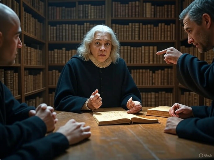 Historical scholars debating manuscripts

