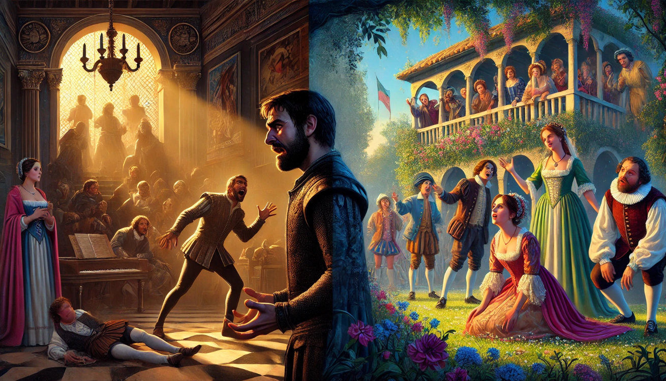 Dramatic Elizabethan theater scene