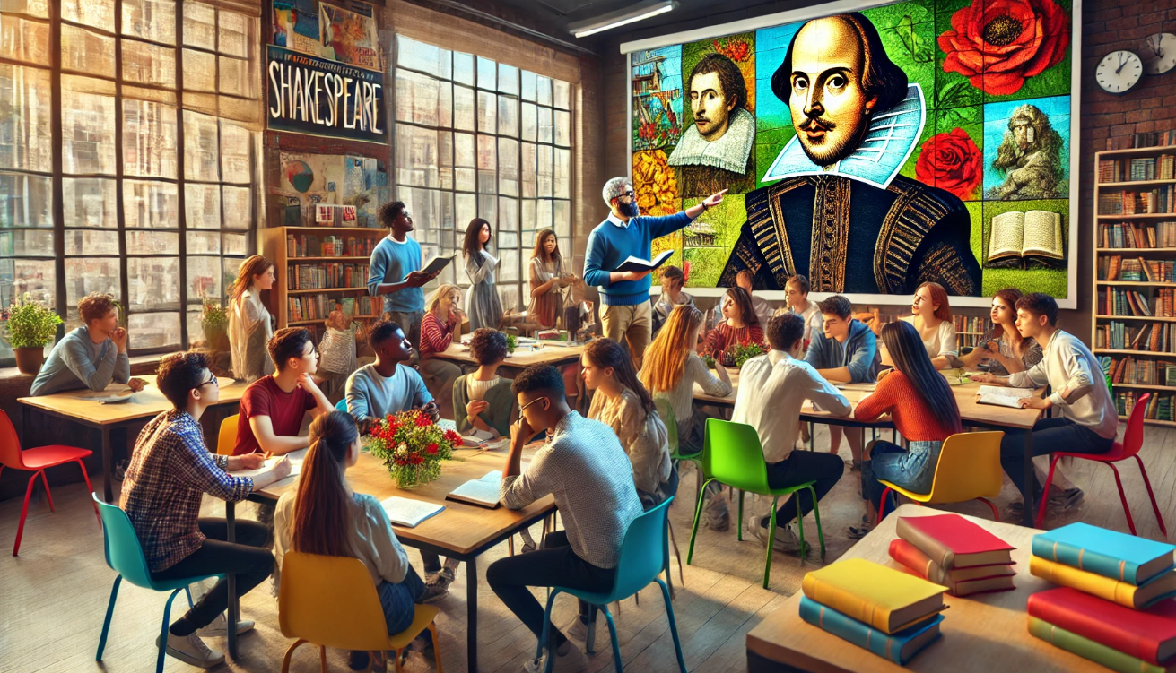 "Classroom with Shakespeare display"