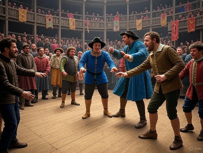 "Elizabethan stage performance scene"