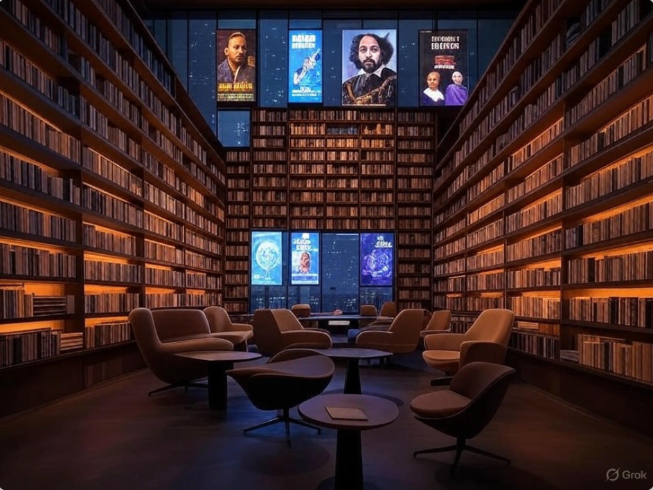 Modern library with posters
