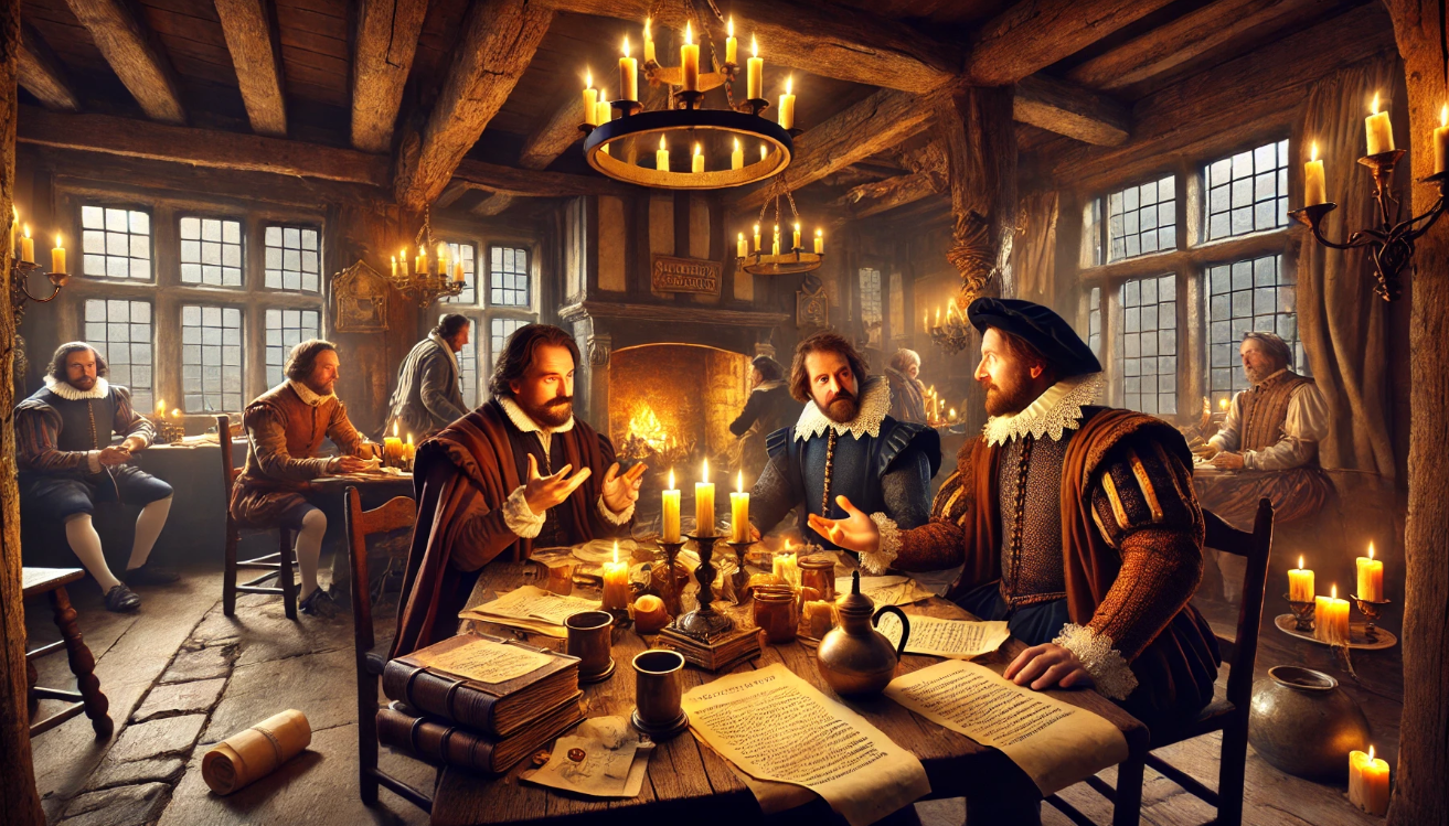 Scholars debating by candlelight