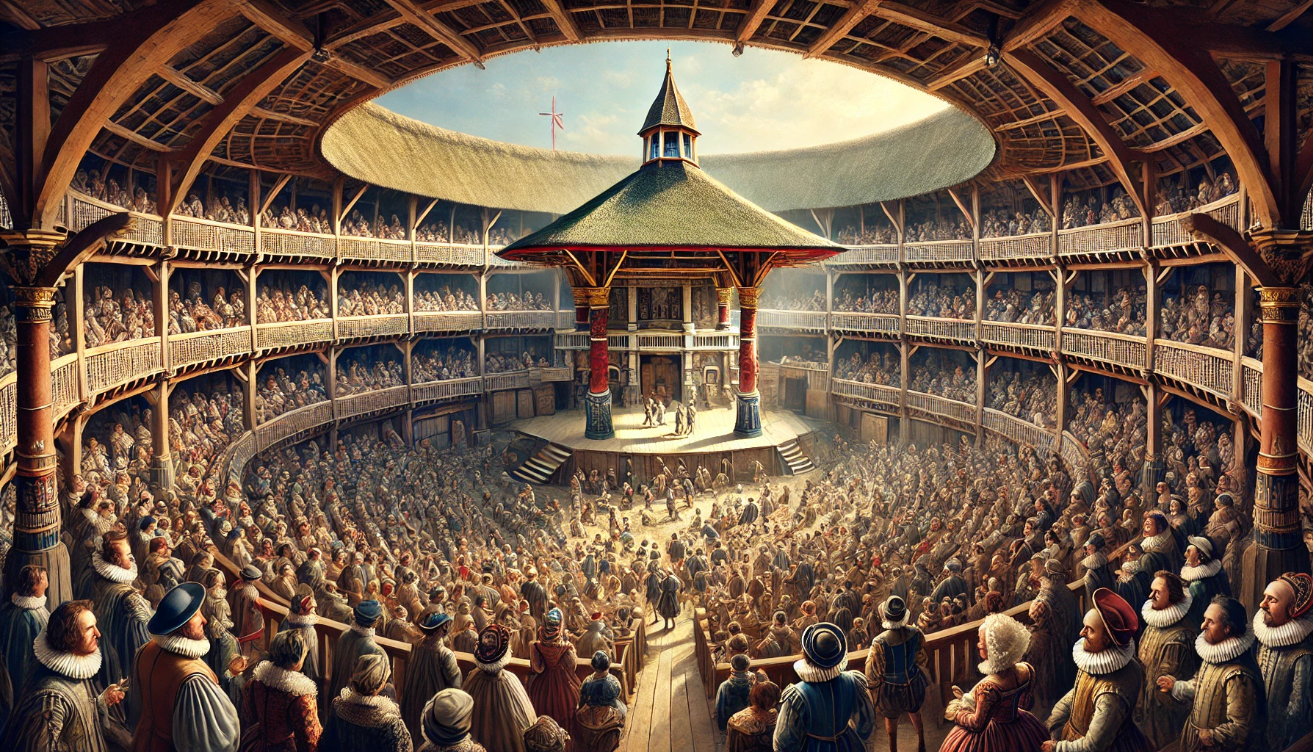 "Elizabethan theater performance crowd"