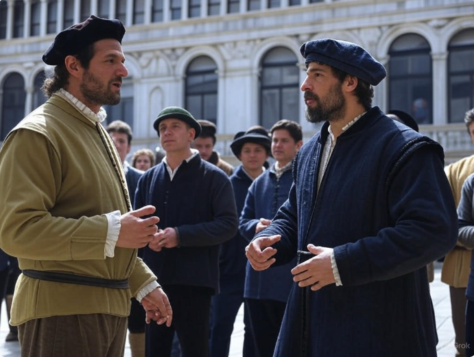 "Elizabethan men in discussion"