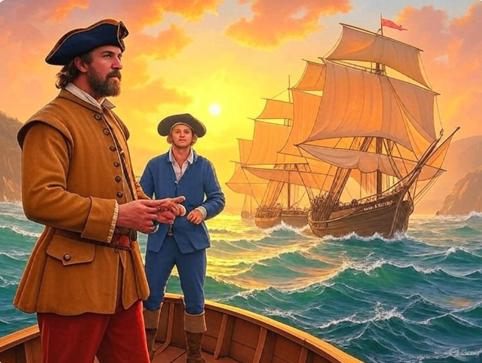 Historical sailors at sea.

