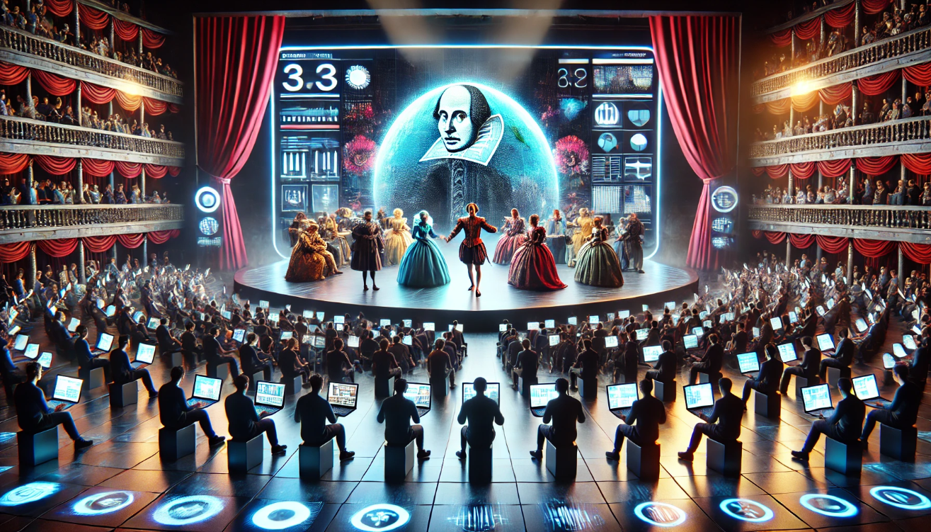"Futuristic Shakespearean theater performance"
