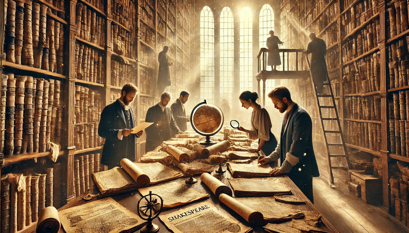 "Scholars studying Shakespeare manuscripts"