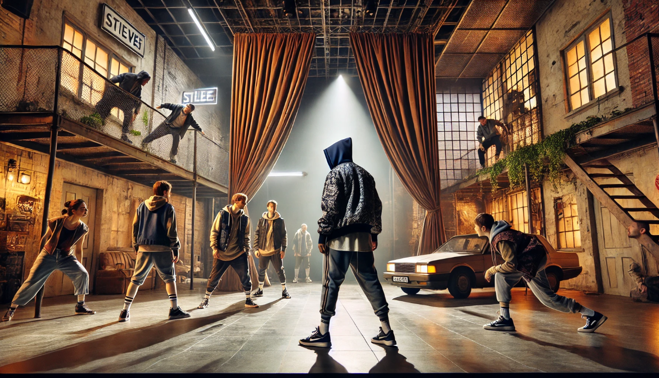 "Urban dancers in warehouse"