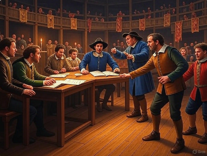 "Elizabethan actors rehearsing play"