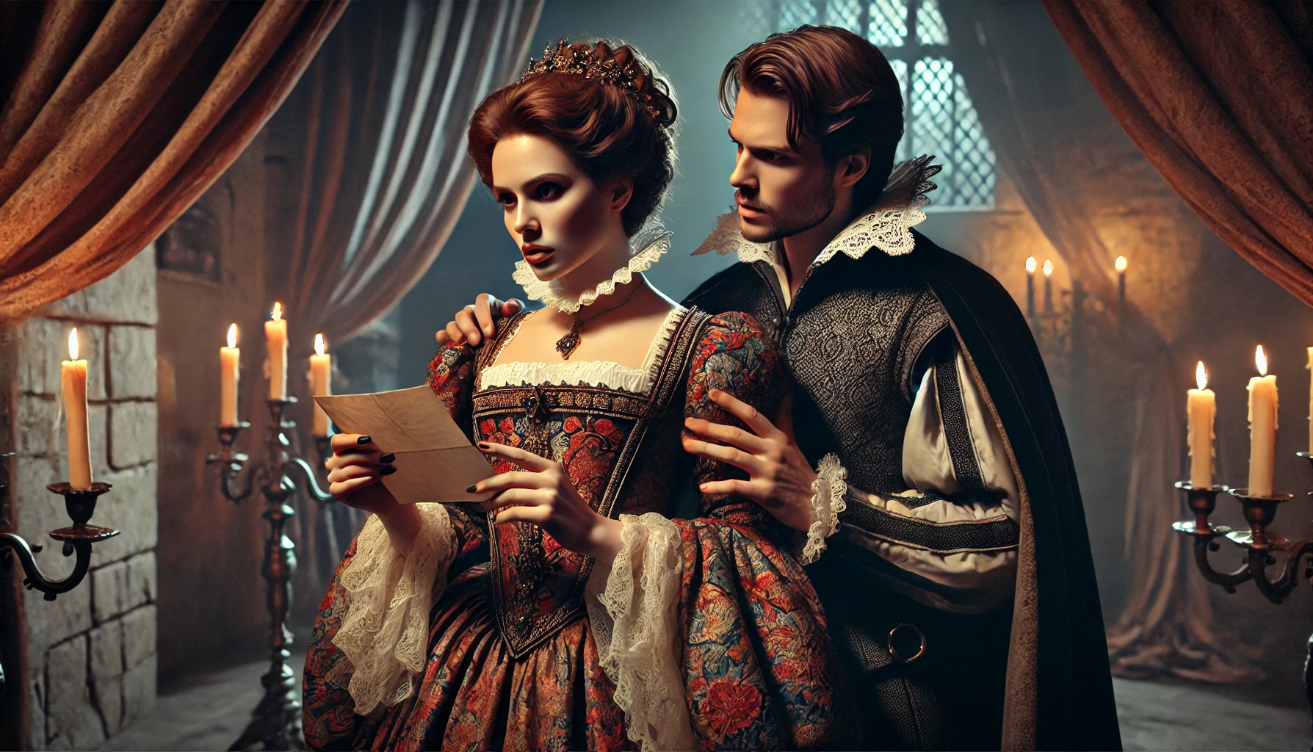 "Elizabethan couple reading letter"