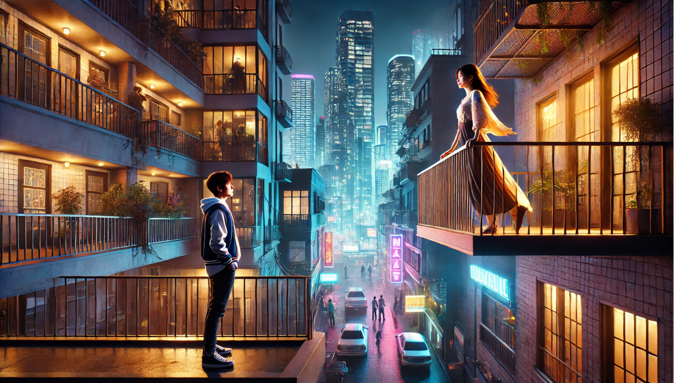 "Modern city balcony romance"