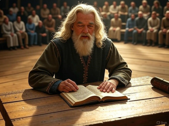 Elderly man reading book.

