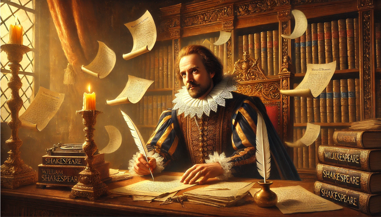 Shakespeare writing with quill.