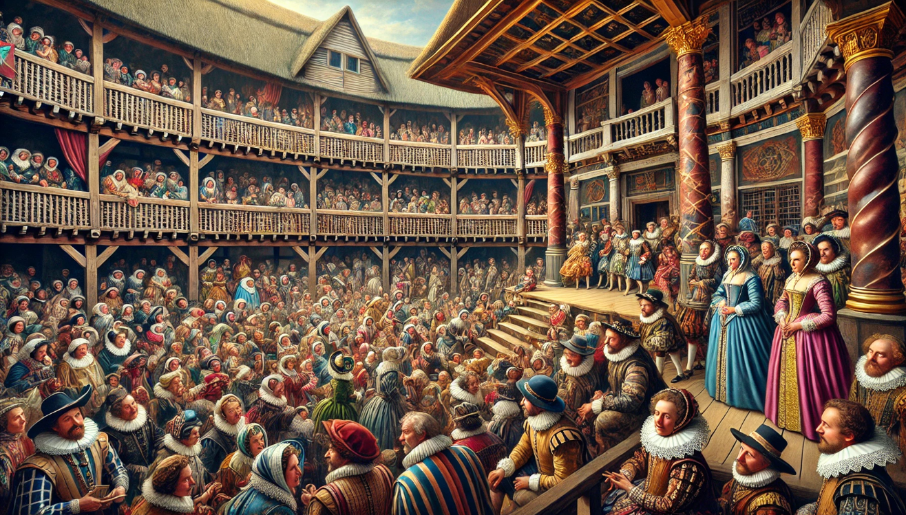 "Lively Elizabethan theatre audience."

