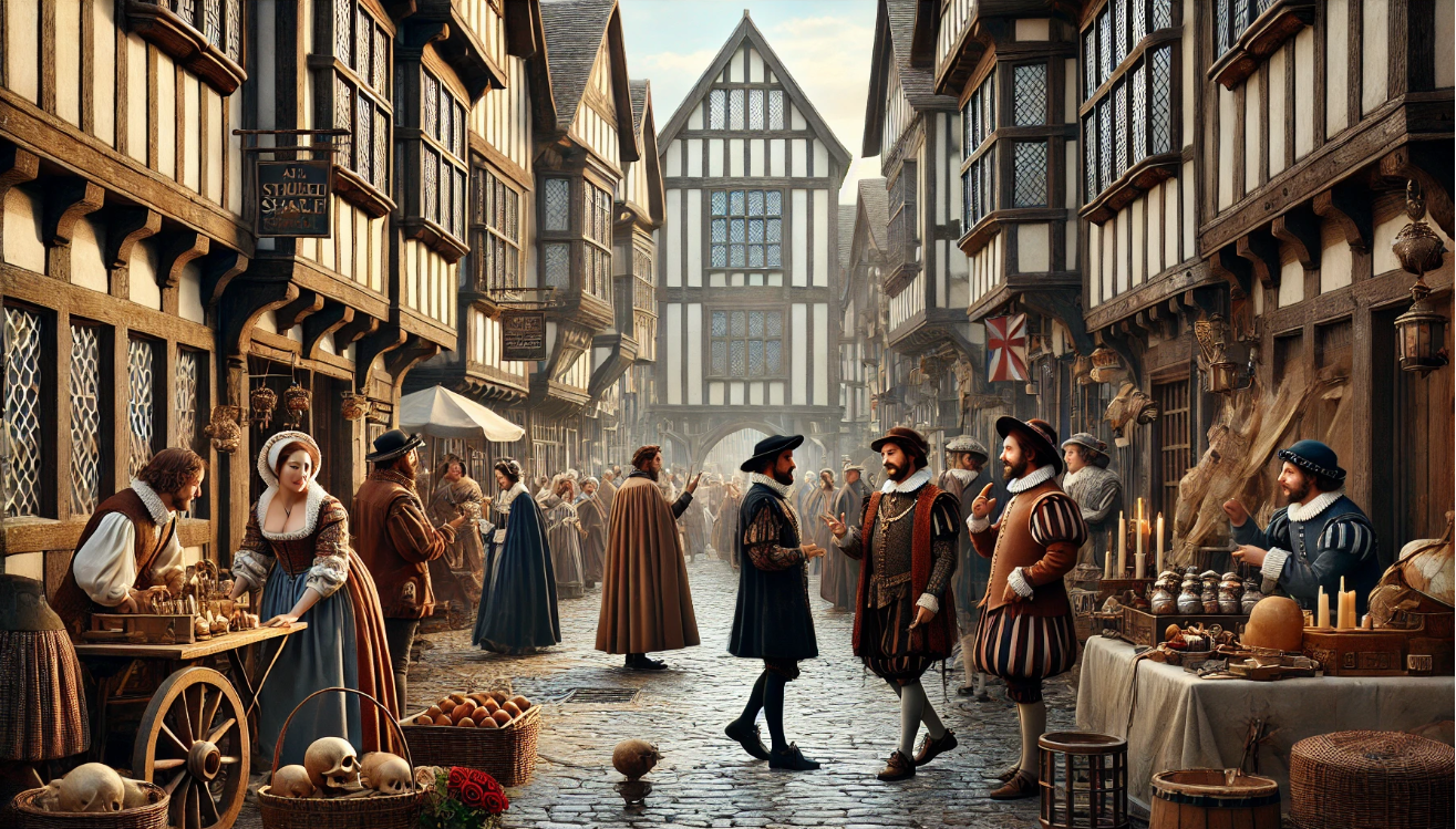 "Bustling medieval market street"